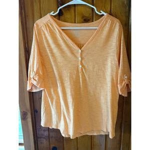 Chico's Women's Orange 3/4 Sleeve Button Tabbed Top Blouse Sz 2 Career‎ Casual